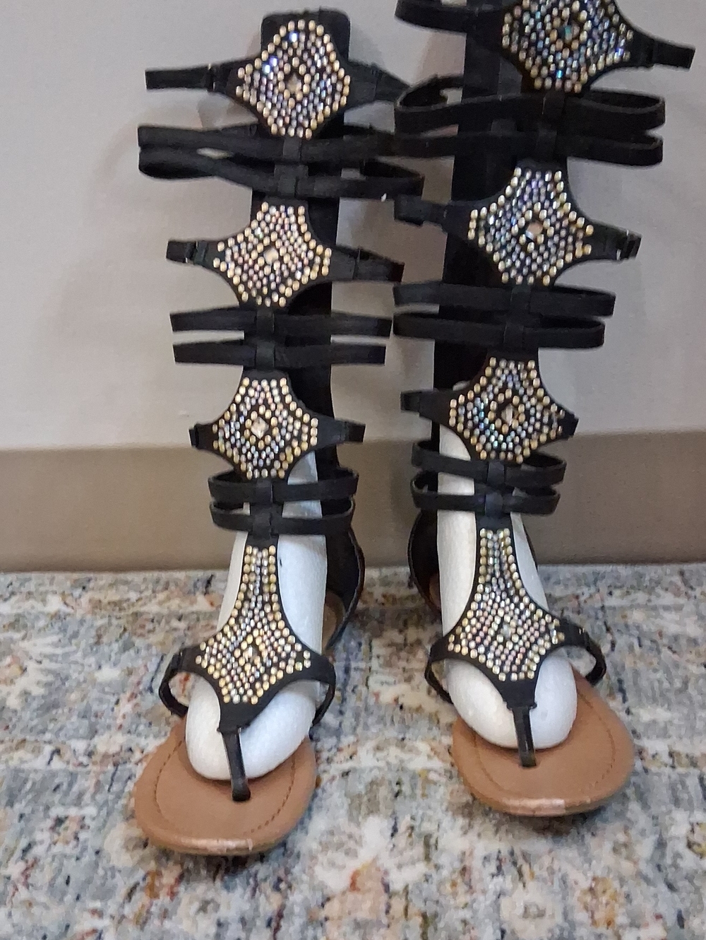 Liliana,Black Embellished Gladiator Sandals with Gold Accents
